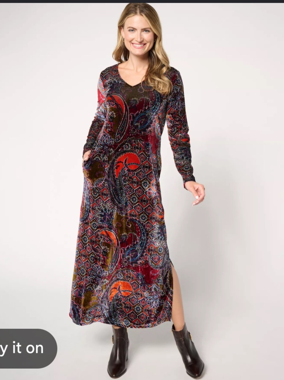 Attitudes by Renee Multicolor Paisley Velvet Maxi Dress - Red, Blue, Black
